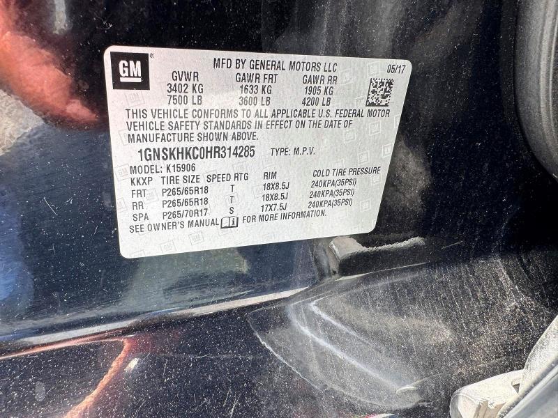 2017 Chevrolet Suburban მანქანა იყიდება აუქციონზე, vin: 1GNSKHKC0HR314285, აუქციონის ნომერი: 62218346