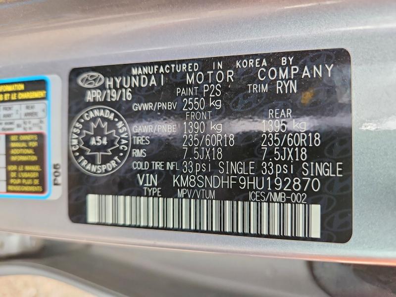 Aukcja sprzedaży 2017 Hyundai Santa Fe, vin: KM8SNDHF9HU192870, numer aukcji: 59976776