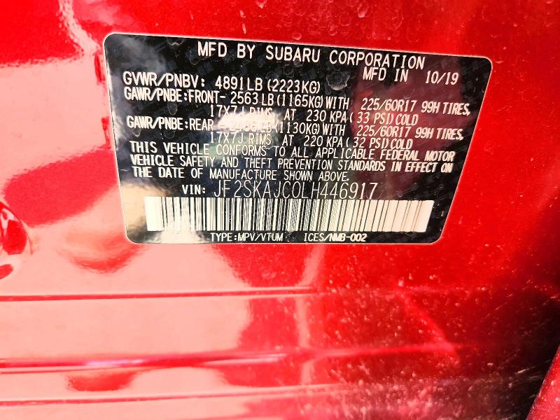 62755696 :رقم المزاد ، JF2SKAJC0LH446917 vin ، 2020 Subaru Forester مزاد بيع