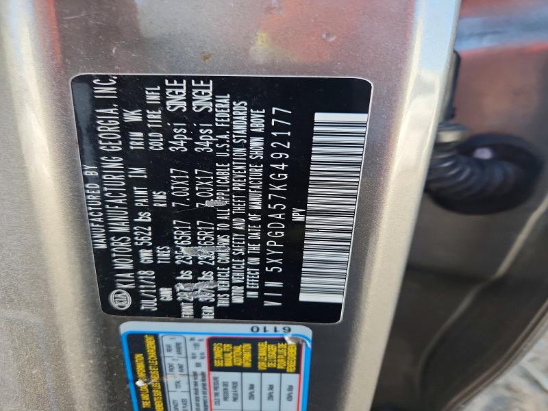 62675076 :رقم المزاد ، 5XYPGDA57KG492177 vin ، 2019 Kia Sorento مزاد بيع