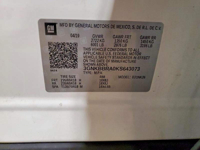 62097716 :رقم المزاد ، 3GNKBBRA0KS643073 vin ، 2019 Chevrolet Blazer مزاد بيع
