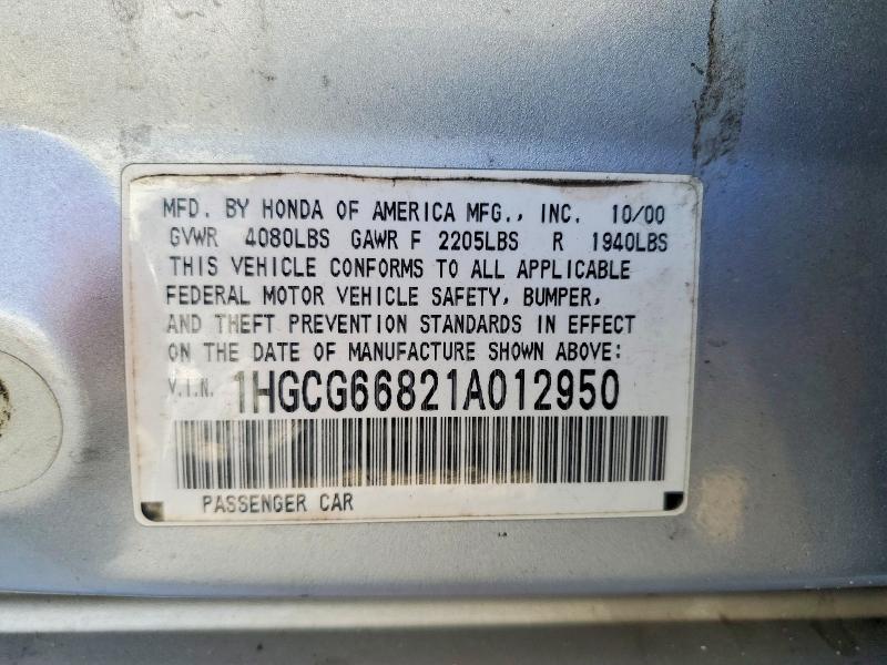 59309796 :رقم المزاد ، 1HGCG66821A012950 vin ، 2001 Honda Accord مزاد بيع