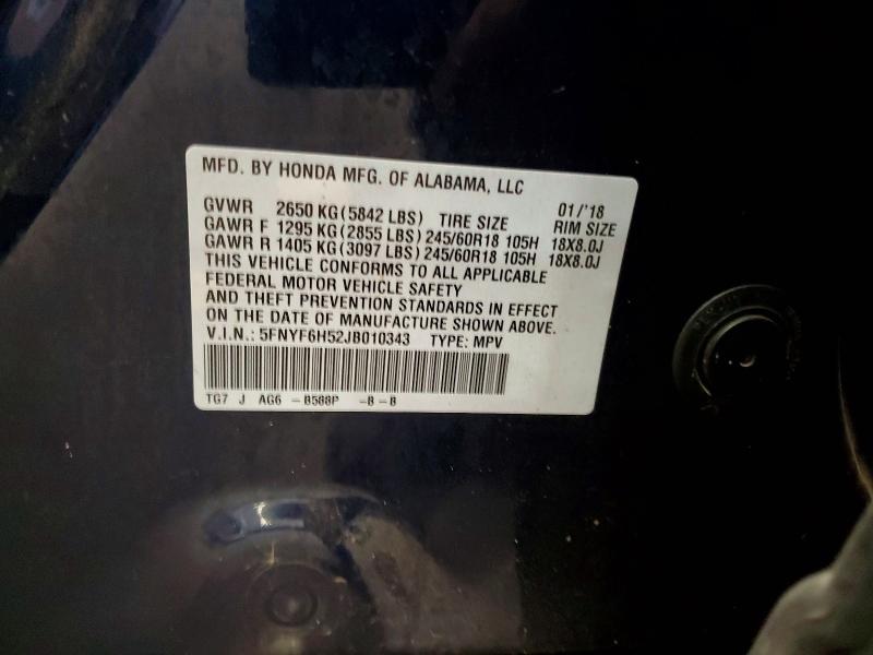 Продажа на аукционе авто 2018 Honda Pilot, vin: 5FNYF6H52JB010343, номер лота: 59678946