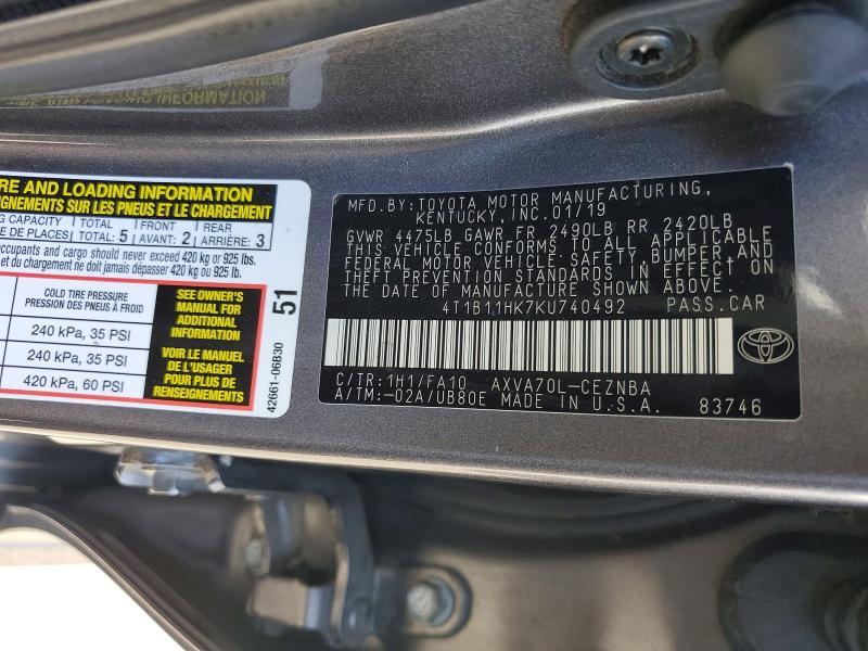 62540676 :رقم المزاد ، 4T1B11HK7KU740492 vin ، 2019 Toyota Camry مزاد بيع