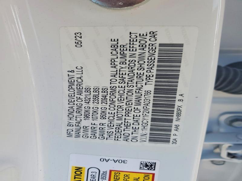 Продажа на аукционе авто 2023 Honda Accord, vin: 1HGCY1F2XPA031766, номер лота: 61941616