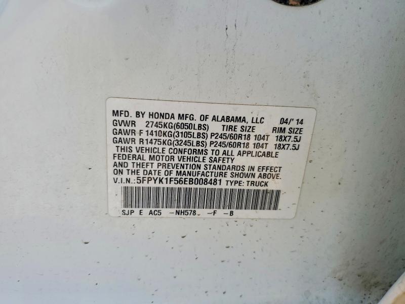 2014 Honda Ridgeline მანქანა იყიდება აუქციონზე, vin: 5FPYK1F56EB008481, აუქციონის ნომერი: 59174586