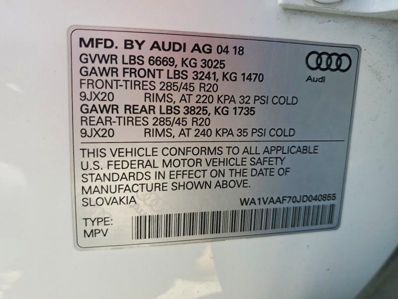 59654296 :رقم المزاد ، WA1VAAF70JD040855 vin ، 2018 Audi Q7 مزاد بيع