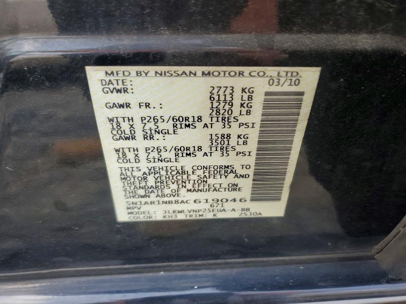 61736676 :رقم المزاد ، 5N1AR1NB8AC619046 vin ، 2010 Nissan Pathfinder مزاد بيع