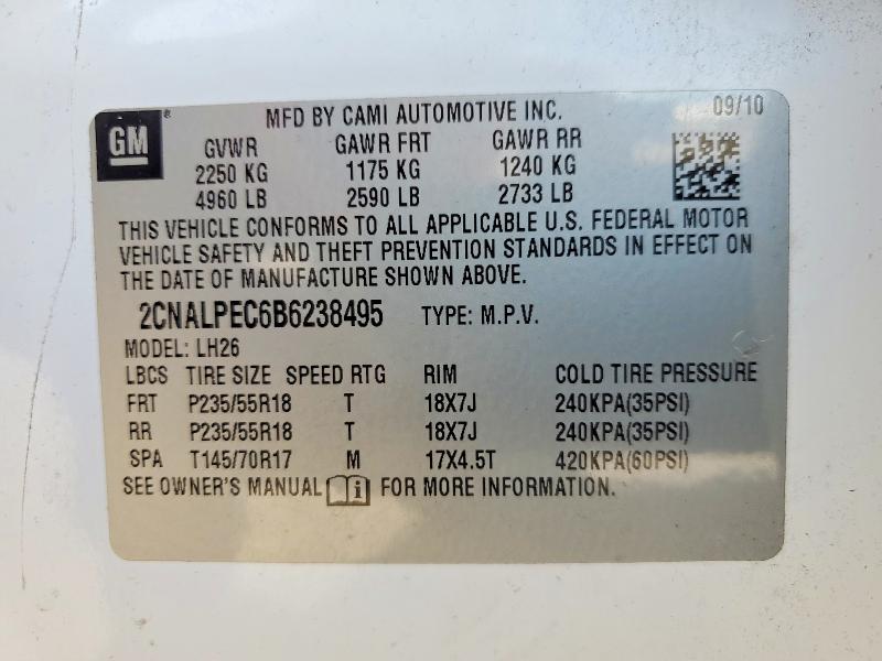 60470726 :رقم المزاد ، 2CNALPEC6B6238495 vin ، 2011 Chevrolet Equinox مزاد بيع