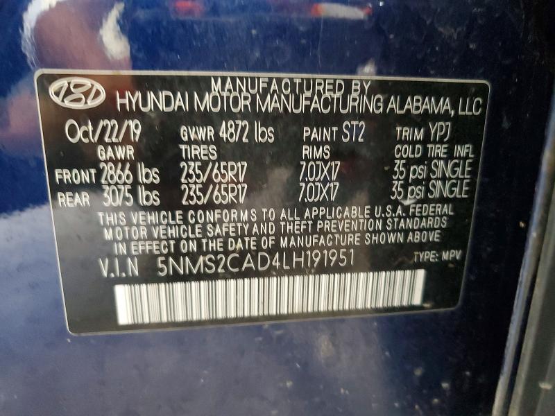 Aukcja sprzedaży 2020 Hyundai Santa Fe, vin: 5NMS2CAD4LH191951, numer aukcji: 59808246
