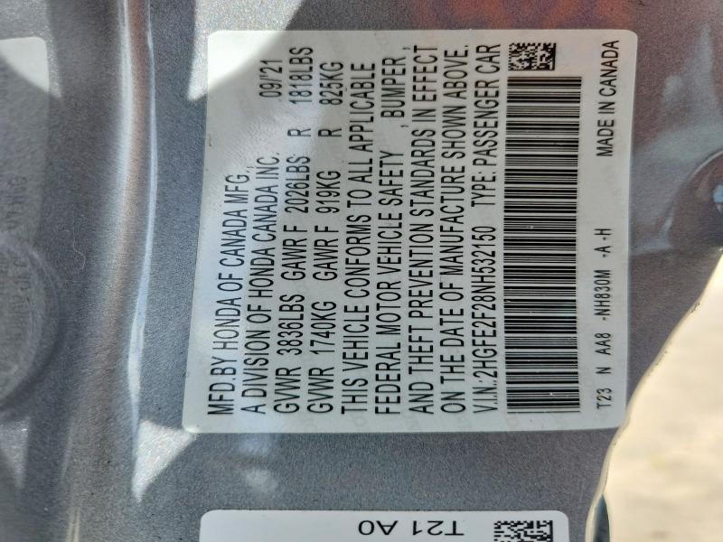 Продажа на аукционе авто 2022 Honda Civic, vin: 2HGFE2F28NH532150, номер лота: 58099346