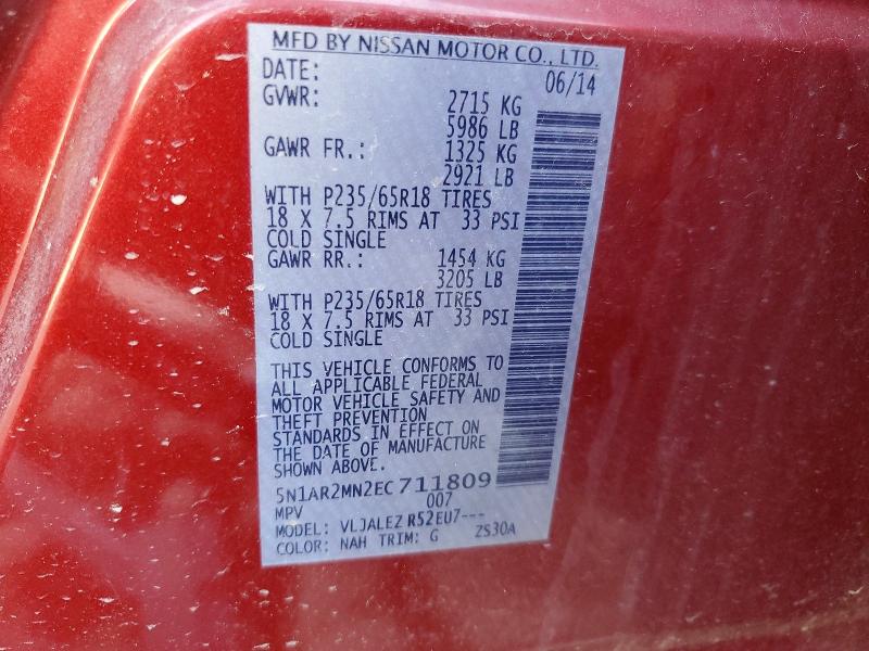 Продажа на аукционе авто 2014 Nissan Pathfinder, vin: 5N1AR2MN2EC711809, номер лота: 58962806