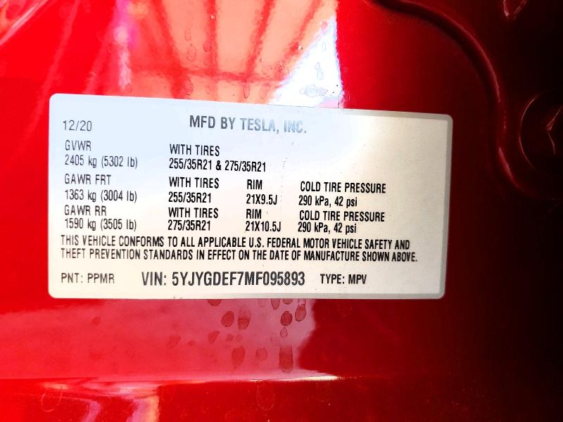 60760726 :رقم المزاد ، 5YJYGDEF7MF095893 vin ، 2021 Tesla Model Y مزاد بيع