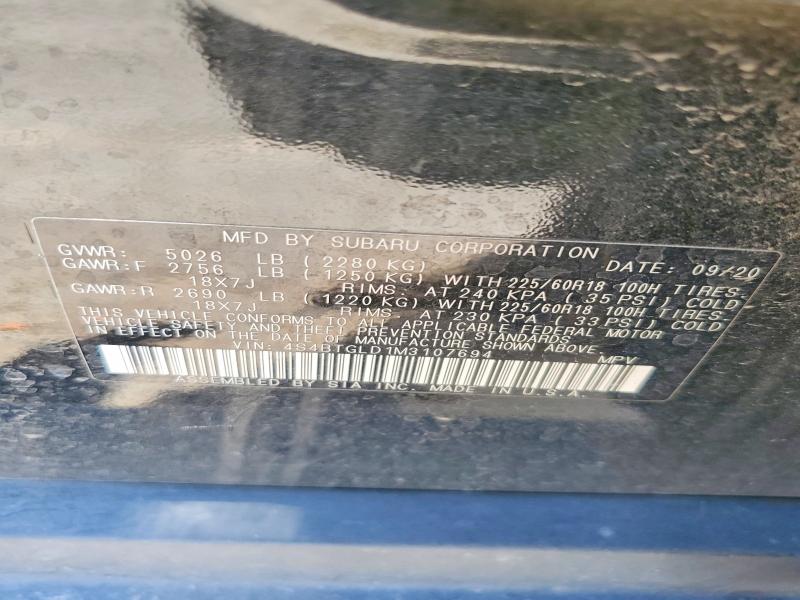 60864046 :رقم المزاد ، 4S4BTGLD1M3107694 vin ، 2021 Subaru Outback مزاد بيع