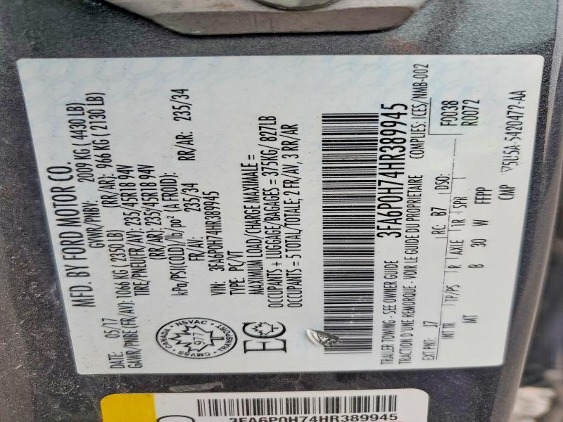 Aukcja sprzedaży 2017 Ford Fusion, vin: 3FA6P0H74HR389945, numer aukcji: 59575656