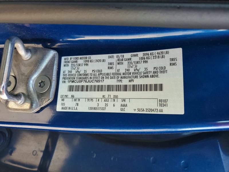 Продаж на аукціоні авто 2018 Ford Escape, vin: 1FMCU0F76JUC76517, номер лоту: 59825656