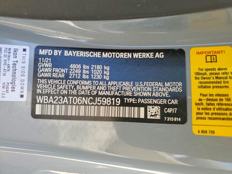 62123106 :رقم المزاد ، WBA23AT06NCJ59819 vin ، 2022 Bmw 430i مزاد بيع