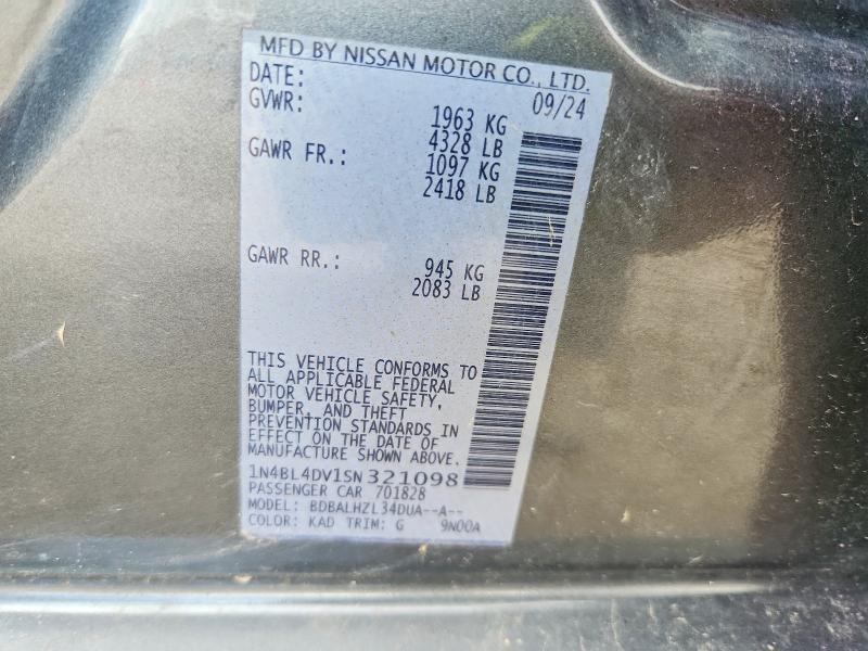 2025 Nissan Altima მანქანა იყიდება აუქციონზე, vin: 1N4BL4DV1SN321098, აუქციონის ნომერი: 59911806