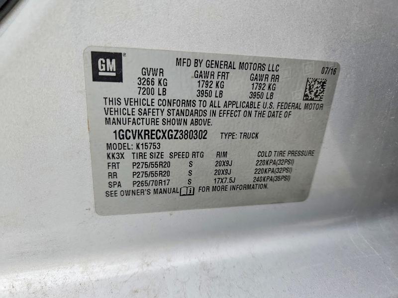 59995366 :رقم المزاد ، 1GCVKRECXGZ380302 vin ، 2016 Chevrolet Silverado مزاد بيع