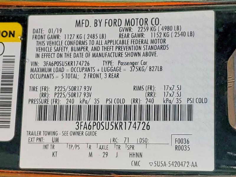 62104246 :رقم المزاد ، 3FA6P0SU5KR174726 vin ، 2019 Ford Fusion مزاد بيع