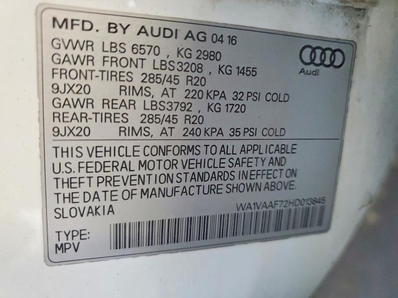 2017 Audi Q7 მანქანა იყიდება აუქციონზე, vin: WA1VAAF72HD013845, აუქციონის ნომერი: 61334156