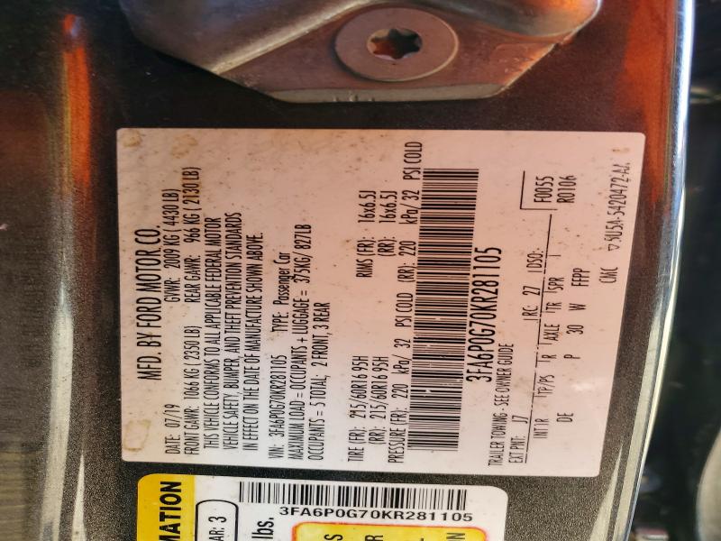 60589846 :رقم المزاد ، 3FA6P0G70KR281105 vin ، 2019 Ford Fusion مزاد بيع