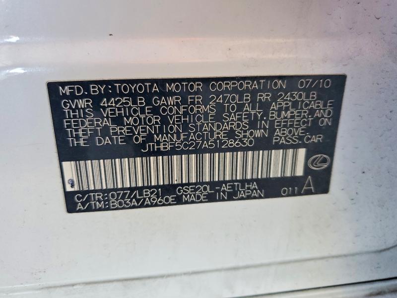 63111666 :رقم المزاد ، JTHBF5C27A5128630 vin ، 2010 Lexus Is 250 مزاد بيع
