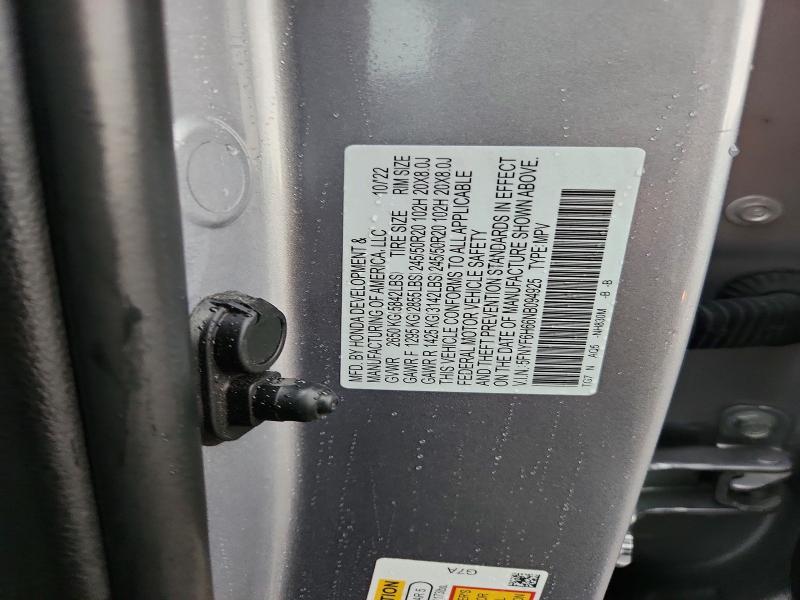 62197936 :رقم المزاد ، 5FNYF6H66NB094925 vin ، 2022 Honda Pilot مزاد بيع