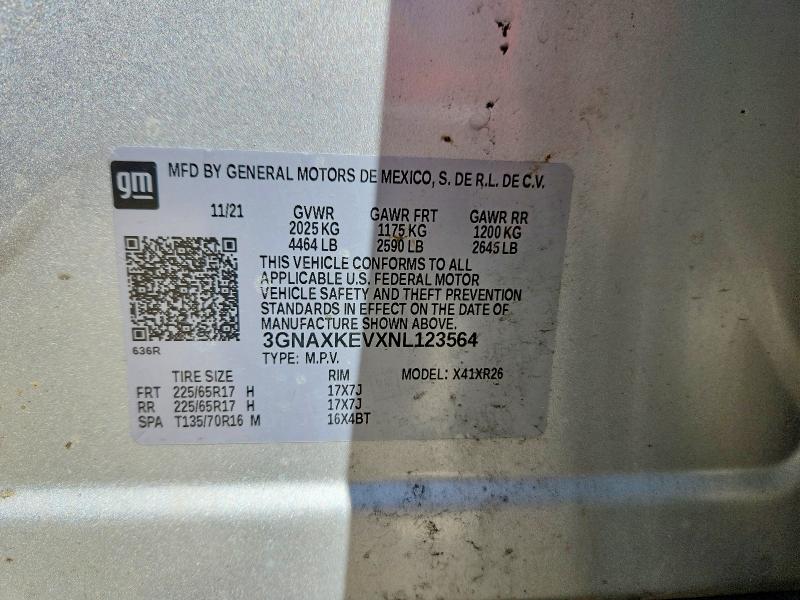 62023916 :رقم المزاد ، 3GNAXKEVXNL123564 vin ، 2022 Chevrolet Equinox مزاد بيع