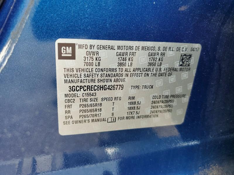 61955416 :رقم المزاد ، 3GCPCREC8HG426779 vin ، 2017 Chevrolet Silverado مزاد بيع