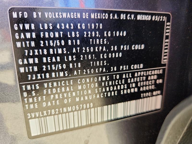 2022 Volkswagen Taos მანქანა იყიდება აუქციონზე, vin: 3VVLX7B21NM057989, აუქციონის ნომერი: 60651166