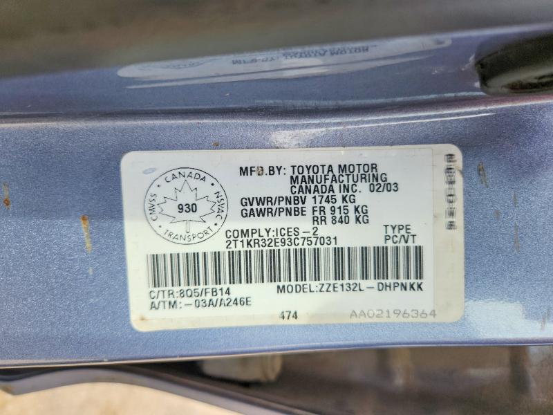 Продаж на аукціоні авто 2003 Toyota Corolla Matrix, vin: 2T1KR32E93C757031, номер лоту: 59589286