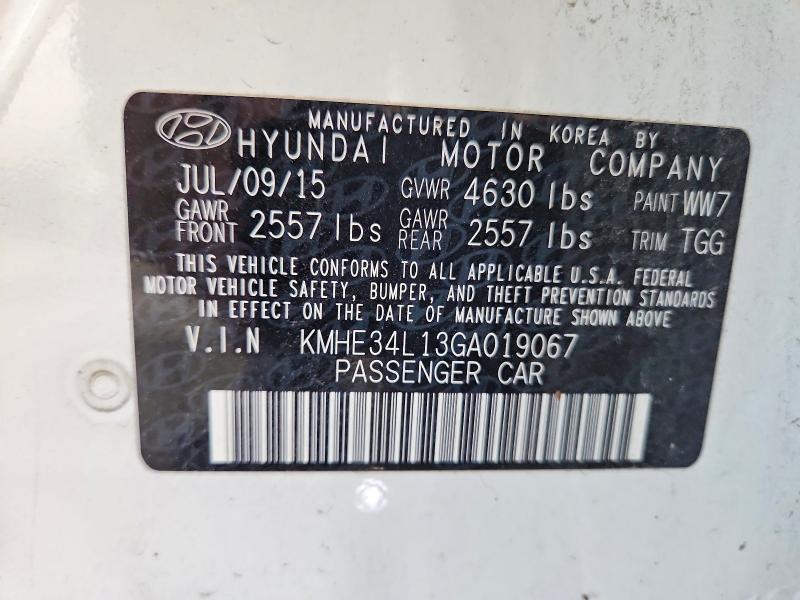 2016 Hyundai Sonata Hybrid მანქანა იყიდება აუქციონზე, vin: KMHE34L13GA019067, აუქციონის ნომერი: 62210066