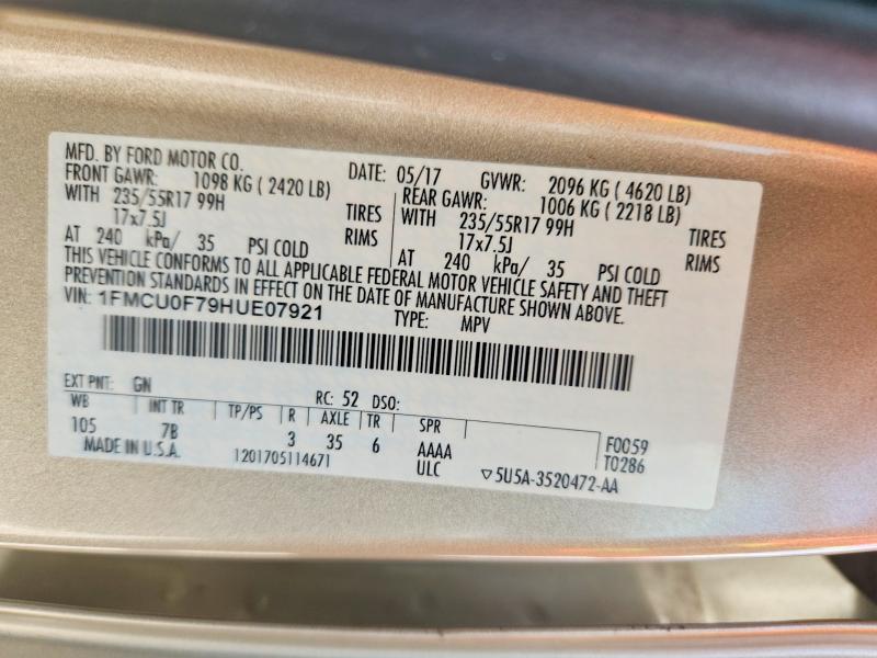 63007536 :رقم المزاد ، 1FMCU0F79HUE07921 vin ، 2017 Ford Escape مزاد بيع