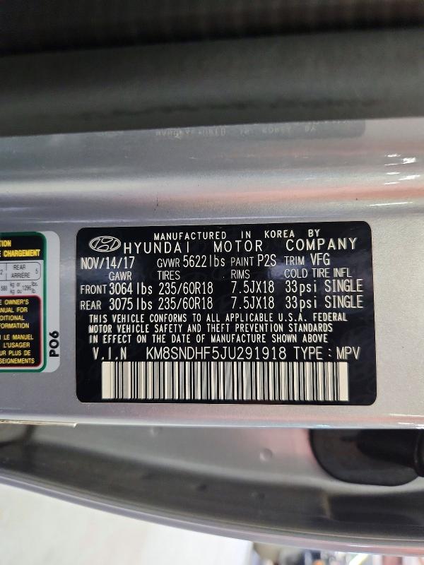 Продажа на аукционе авто 2018 Hyundai Santa Fe, vin: KM8SNDHF5JU291918, номер лота: 61700436