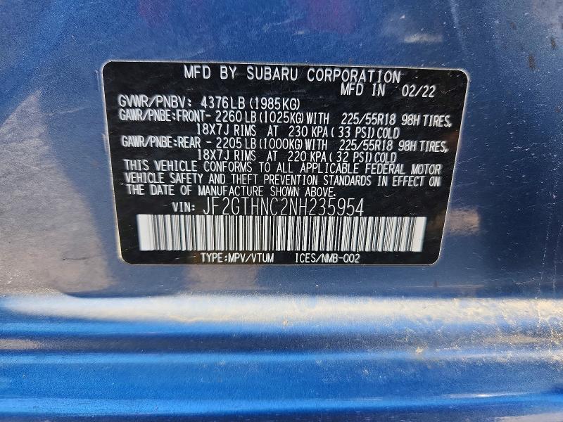 Продаж на аукціоні авто 2022 Subaru Crosstrek, vin: JF2GTHNC2NH235954, номер лоту: 59584626