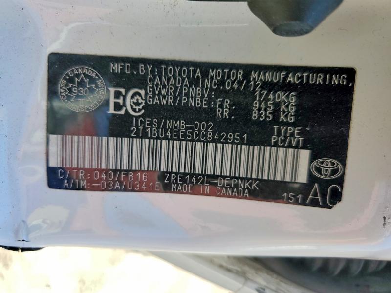 Aukcja sprzedaży 2012 Toyota Corolla, vin: 2T1BU4EE5CC842951, numer aukcji: 60782616