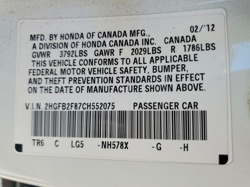 62609866 :رقم المزاد ، 2HGFB2F87CH552075 vin ، 2012 Honda Civic مزاد بيع