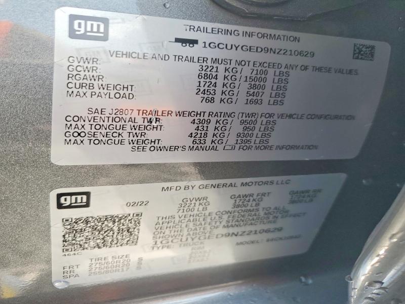 Продаж на аукціоні авто 2022 Chevrolet Silverado Ltd, vin: 1GCUYGED9NZ210629, номер лоту: 60391776