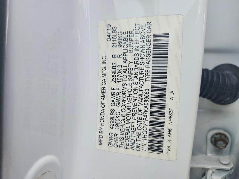 Продажа на аукционе авто 2019 Honda Accord, vin: 1HGCV1F47KA089563, номер лота: 60255486