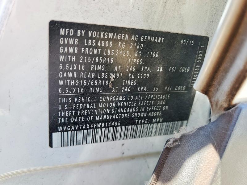 Продажа на аукционе авто 2015 Volkswagen Tiguan, vin: WVGAV7AX4FW614495, номер лота: 62639746