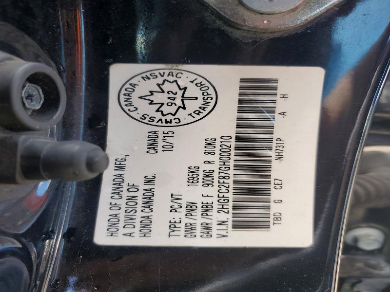 61166096 :رقم المزاد ، 2HGFC2F87GH000210 vin ، 2016 Honda Civic مزاد بيع