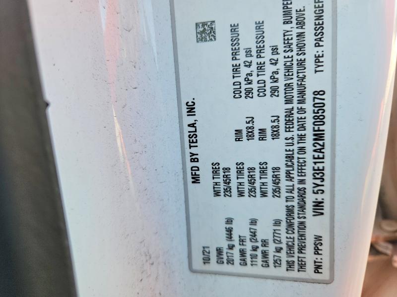 Продаж на аукціоні авто 2021 Tesla Model 3, vin: 5YJ3E1EA2MF085078, номер лоту: 60953966