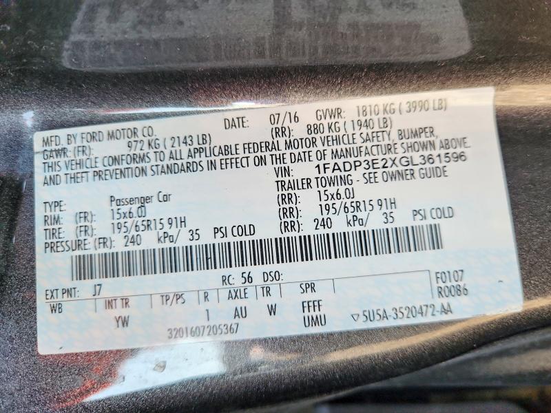 Продажа на аукционе авто 2016 Ford Focus, vin: 1FADP3E2XGL361596, номер лота: 59535516