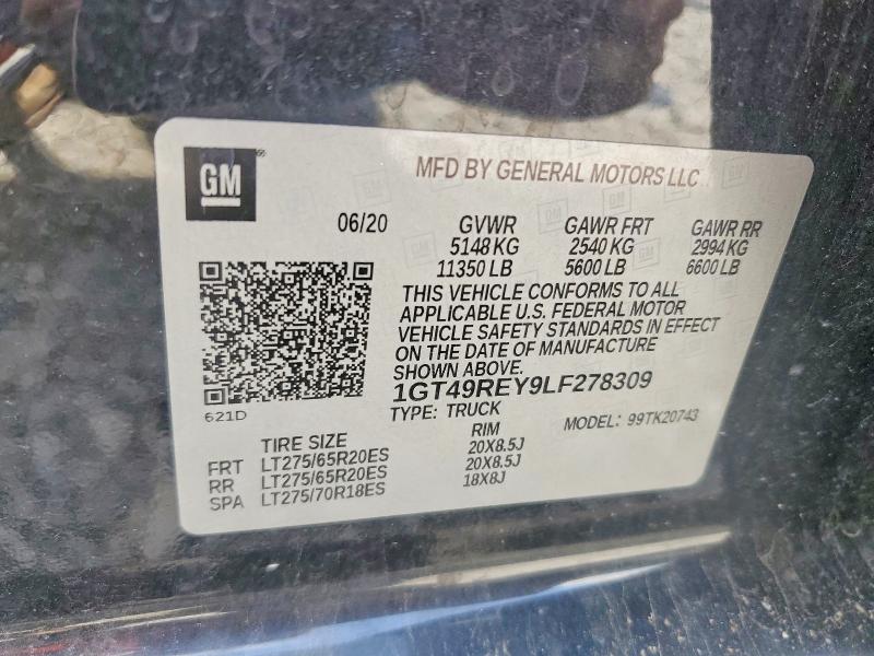 59799876 :رقم المزاد ، 1GT49REY9LF278309 vin ، 2020 Gmc Sierra مزاد بيع