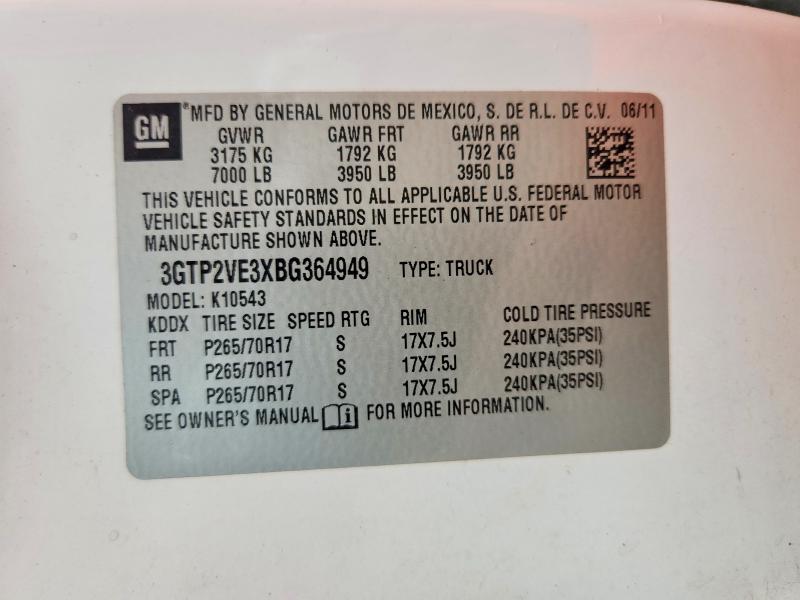 Aukcja sprzedaży 2011 Gmc Sierra 1500, vin: 3GTP2VE3XBG364949, numer aukcji: 61949166
