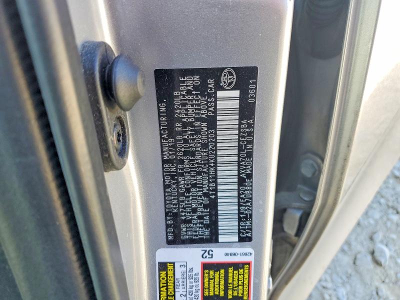 61069066 :رقم المزاد ، 4T1B11HK4KU220203 vin ، 2019 Toyota Camry مزاد بيع