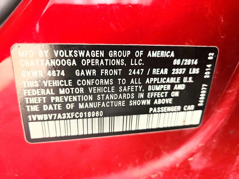 2015 Volkswagen Passat მანქანა იყიდება აუქციონზე, vin: 1VWBV7A3XFC018960, აუქციონის ნომერი: 62577896