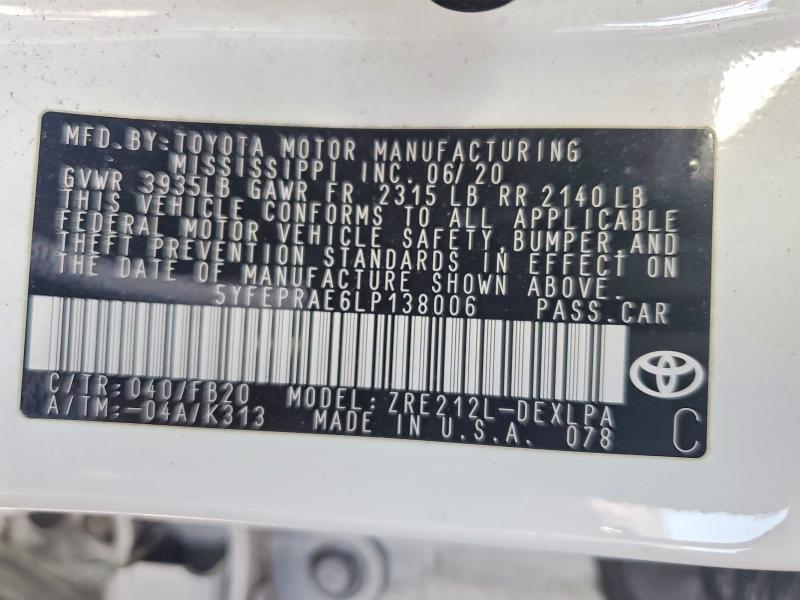 2020 Toyota Corolla მანქანა იყიდება აუქციონზე, vin: 5YFEPRAE6LP138006, აუქციონის ნომერი: 61239986