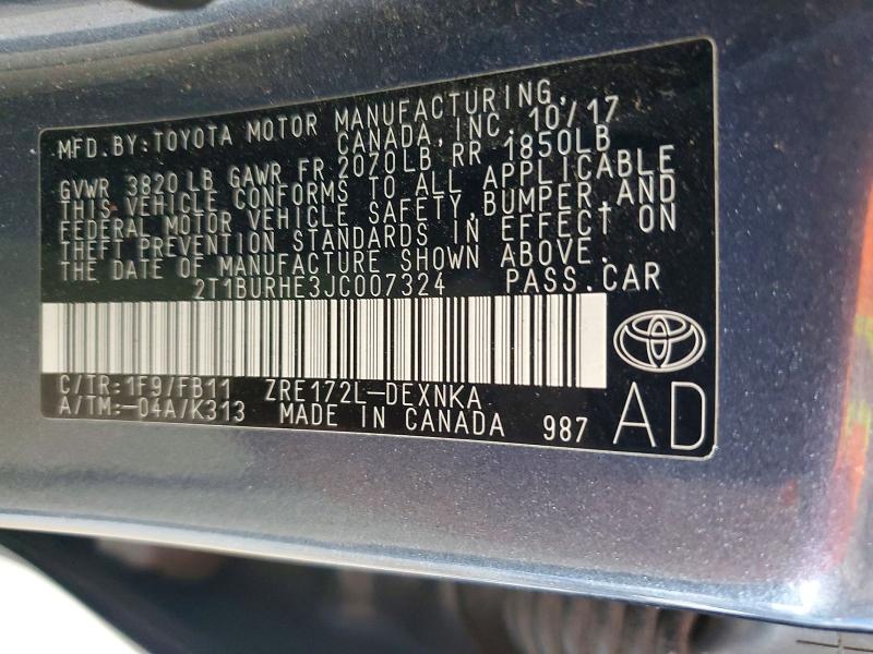 Продажа на аукционе авто 2018 Toyota Corolla, vin: 2T1BURHE3JC007324, номер лота: 61743906